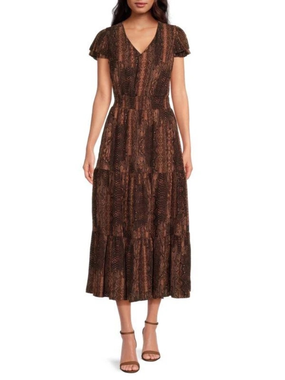 Nanette  lepore Brown Snake Animal print Print Tiered Midi Peasant Dress 16